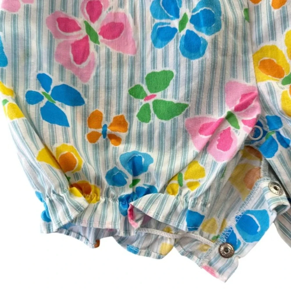 Vintage Baby Girl Ruffle Butterfly Romper Blue‎ Striped Eyelet Lace 12M Kidcore